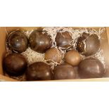 Ten turned wood bowling balls, various s