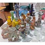 Quantity of mottled glass items including a large vase, perfume bottle, several bon-bon dishes,