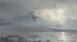 Owen Williams
Watercolour 
Trio of widgeon flying by moonlight, signed,