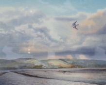 Owen Williams
Watercolour drawing 
A peregrine falcon flying over shoreline, signed,