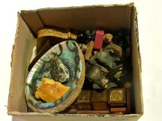 A collection of letter stamps, some Disc World clay craft animal figures, ashtray, a dog nutcracker,