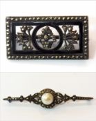 Marcasite and black enamel brooch, pearl