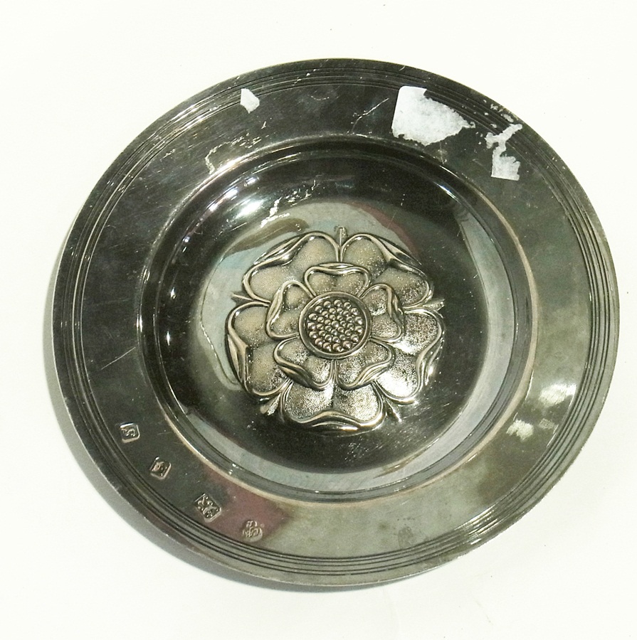 Silver Armada dish with repousse rose to