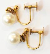 Pair 9ct gold and pearl drop screw-patte