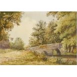 Watercolours of a bridge over stream and a country village scene with thatched cottages,