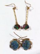 Pair gold and stone set drop earrings, e