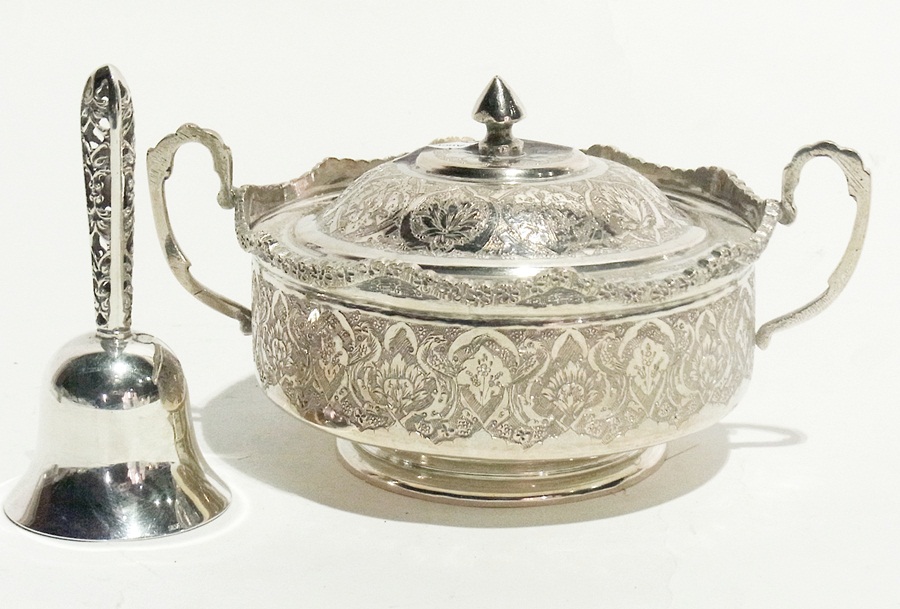A foreign white metal two-handled bowl a