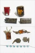 Amber pendant on chain, amber brooch and ring, bluestone  necklace,