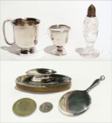 20th century silver eggcup, Sheffield 1950, brass sugar caster, silver nail buffer, various coins,
