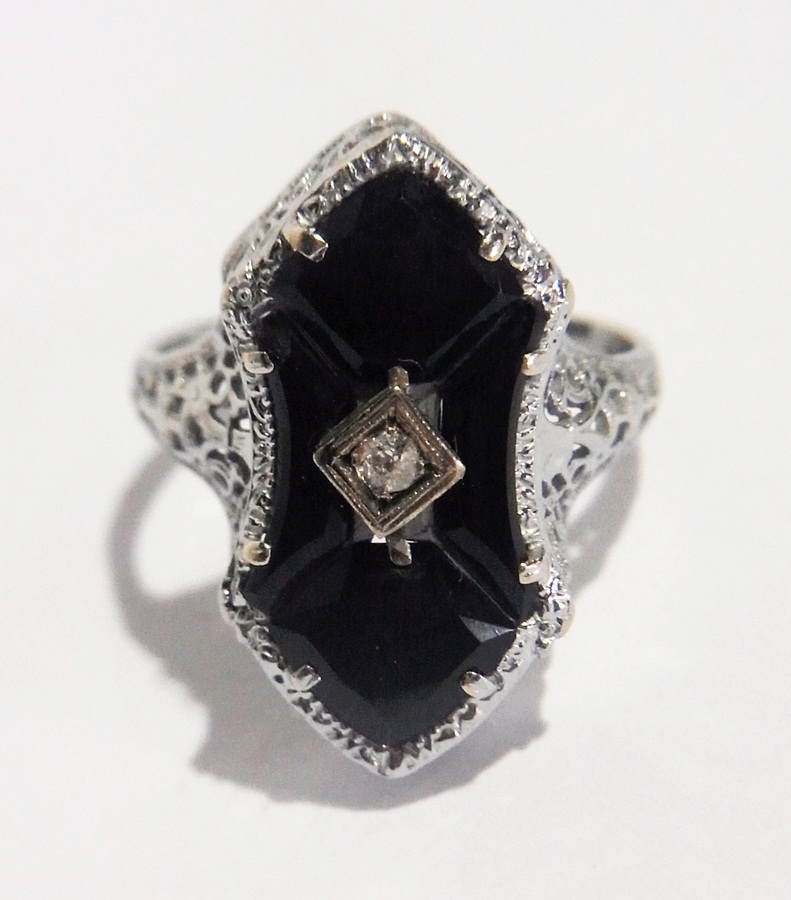 1920's style 14K white gold, onyx and di