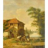 19th century continental school 
Oil on canvas 
Man with pack animal before watermill,