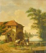 19th century continental school 
Oil on canvas 
Man with pack animal before watermill,