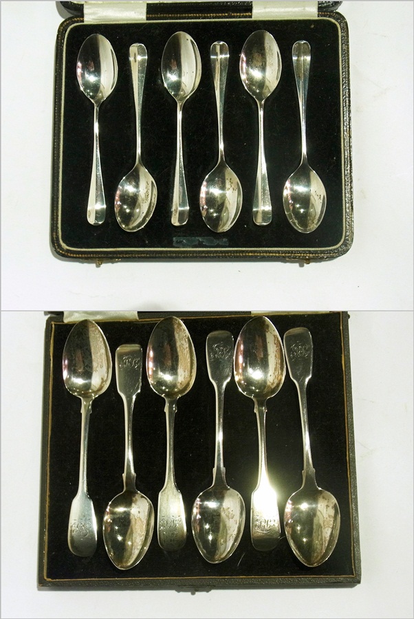 Boxed set of six silver teaspoons, Old E