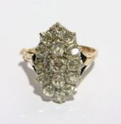 Gold and diamond marquise cluster ring set 12 old cut stones in oval marquise shape