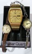 Gent's Pulsar rolled gold wristwatch with flexible mesh strap and two various lady's wristwatches