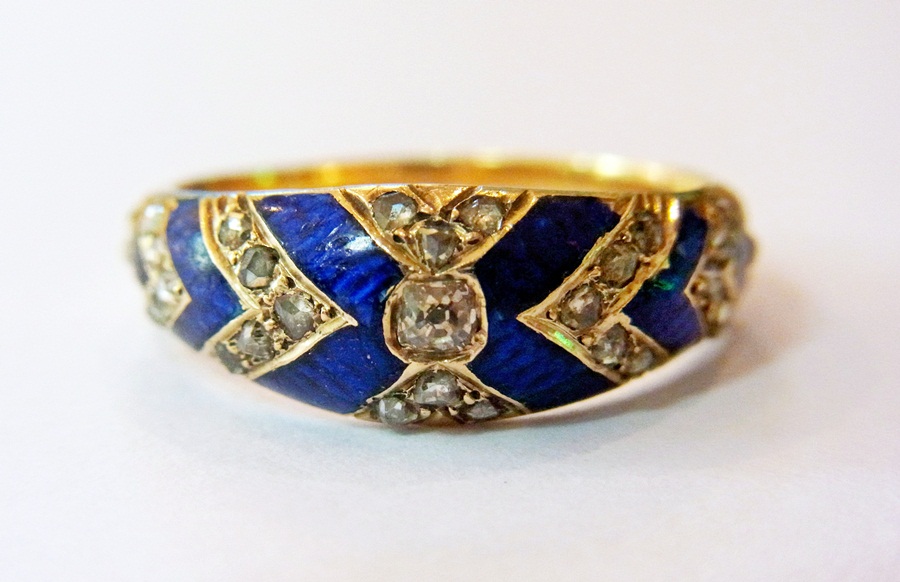 Victorian blue enamel and diamond chevro