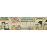 Indian school
Watercolour drawing on silk 
Two Maharajah type figures on thrones with figures in