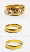 22ct gold ring with central small diamond (two stones missing) and two 22ct gold wedding rings,