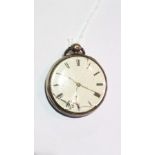 Gentleman's silver open faced pocket watch with white enamel dial and Roman numerals,