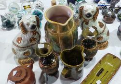 Majolica jug pair of Royal Doulton Slaters patent, vases, studio pottery jug and dish,