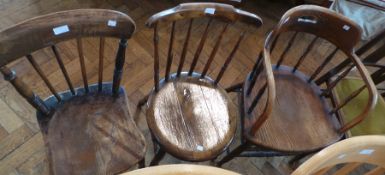 Three stickback hardwood kitchen chairs,