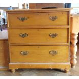 A pine chest of two long and two short drawers, a stained oak decanter holder, a pine blanket box,