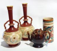 A pair of Old Hall pottery ball and shaft vases in the aesthetic style, 22 cms ,