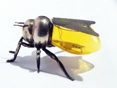 A Mappin & Webb silver plate bee honeypot with hinged wing cover and yellow glass bowl,