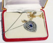 Diamond and sapphire heart-shaped pendant set central pear-shaped sapphires surrounded by three