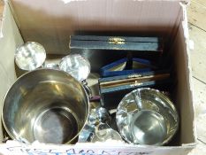 Quantity silver plate to include ice buckets, cups and mugs, tea knives, etc.