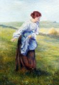 Quantity of pictures: 19th Century School, Oil painting of woman in meadow, 20 x 15 cms,