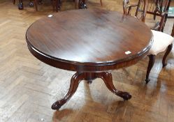 A Victorian mahogany circular top breakfast table with moulded edge and plain frieze,