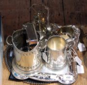 Quantity of silver plate to include bottle holder, cigarette case, pint mug, eggcup stand, trays,