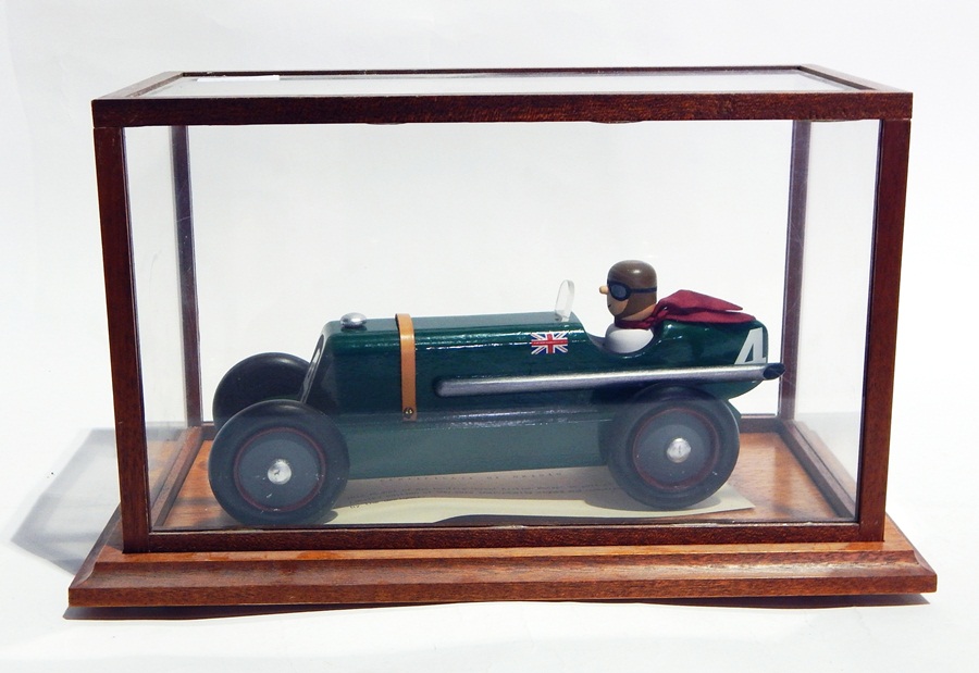 Limited edition "Ryk Heuff's Great British Racing" wooden model of old racing car, in glass case,