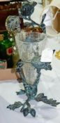 Verdigris bronze style vase holder applied in birds and the crackle-glass vase