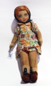 1930's Kathe Kruse style fabric doll with painted stiffened cloth face,