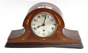 Edwardian inlaid mahogany Napoleon hat shaped mantel clock,