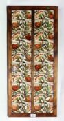 Panel of Victorian pottery tiles, Art Nouveau floral and pomegranate scrolling foliage,