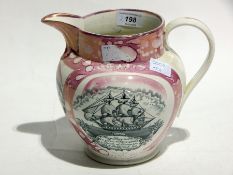 Victorian Sunderland lustre commemorative naval jug, inscription beneath,