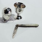 A Victorian silver bladed folding fruit knife with mother-of-pearl scales,