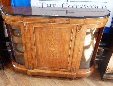 Victorian breakfront credenza, the burr walnut top ebonised thumb-moulding to inlaid frieze,