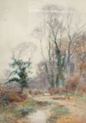 Watercolour drawing
Henry Charles Fox (1860-1929)
Wooded landscape with shepherd and sheep walking