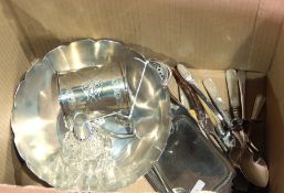 Quantity of silver plate to include fruit bowl, mug, scent bottle, serving spoons, etc.