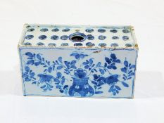 18th century English delft pottery flower brick, rectangular with pierced top,