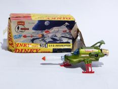 Dinky Toys UFO Interceptor 351, cap-fired rocket (boxed)  Live Bidding: Box torn, slight corrosion