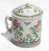 Chinese famille rose porcelain covered cylindrical pot with double twist handle and straining spout,
