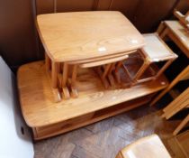 Ercol style elm low coffee table unit, rounded rectangular with two short drawers,