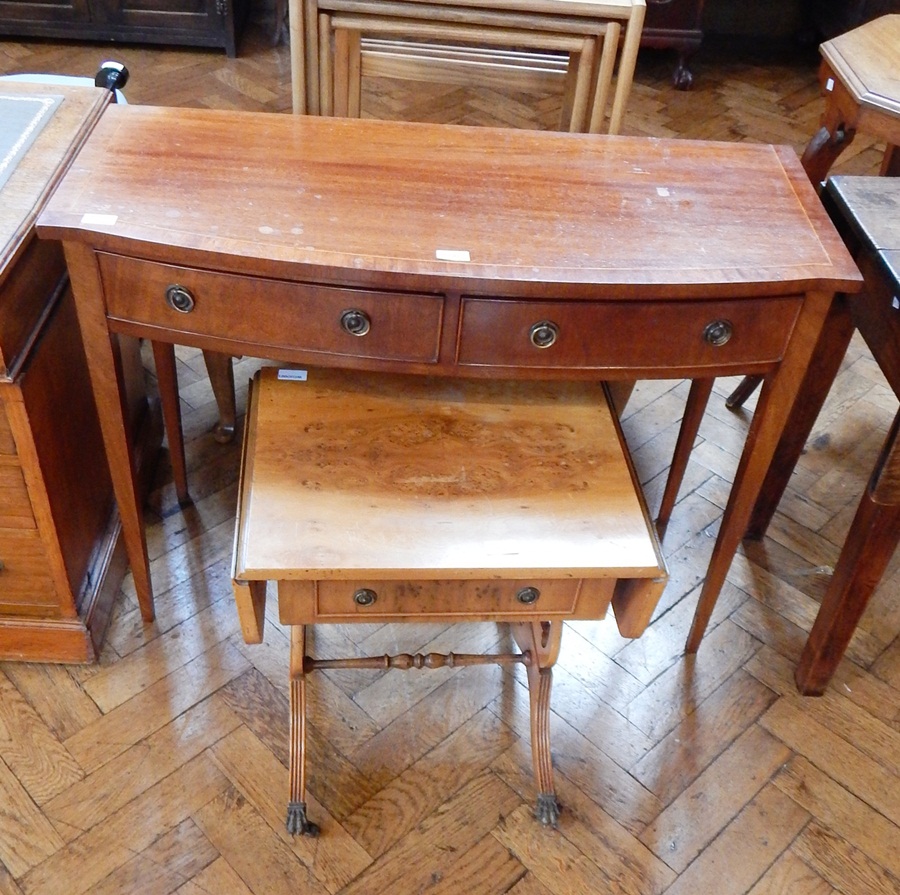 A reproduction mahogany bowfront side table with two frieze drawers, on square tapering legs, - Image 2 of 2