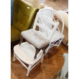 White painted cane open arm conservatory chair, white painted occasional chair,
