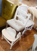 White painted cane open arm conservatory chair, white painted occasional chair,